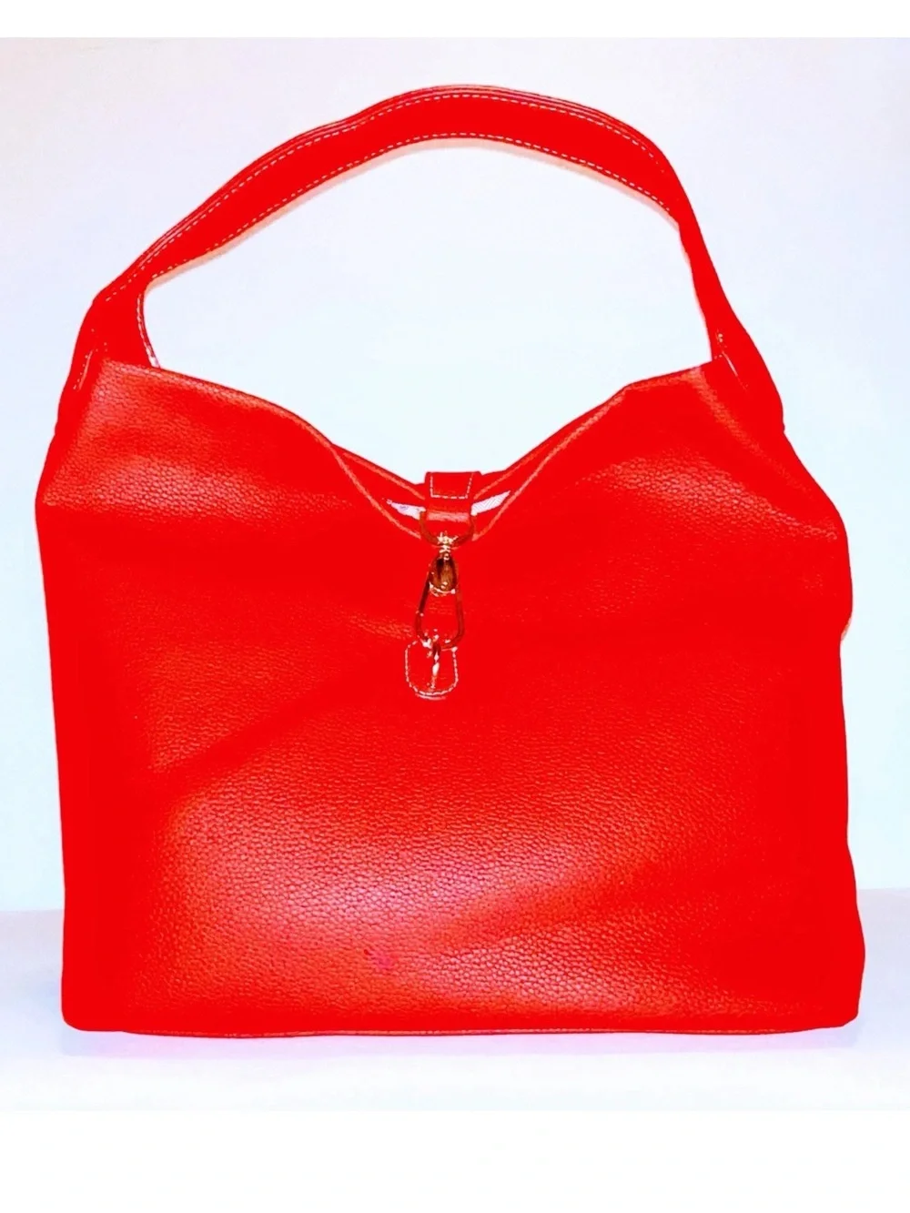 RED FAUX LEATHER HOBO BAG-Has Pebble Grain Feel To Outside And Faux Gold Accents